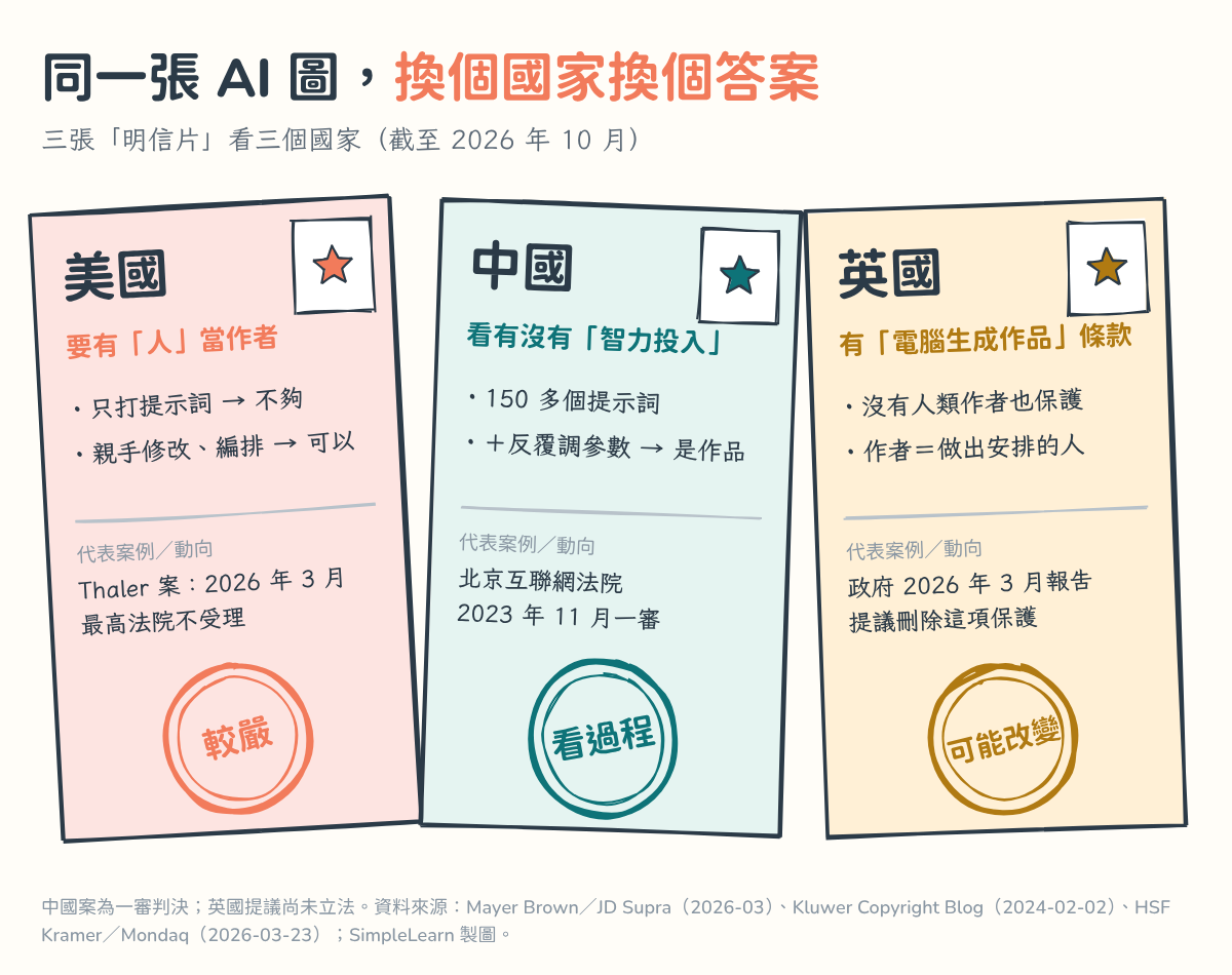 三張明信片：美國「要有人當作者」，只打提示詞不夠、親手修改編排可以，Thaler 案 2026 年 3 月最高法院不受理，蓋章「較嚴」；中國「看有沒有智力投入」，150 多個提示詞加反覆調參數被認定是作品，北京互聯網法院 2023 年 11 月一審，蓋章「看過程」；英國「有電腦生成作品條款」，沒有人類作者也保護，政府 2026 年 3 月報告提議刪除，蓋章「可能改變」。
