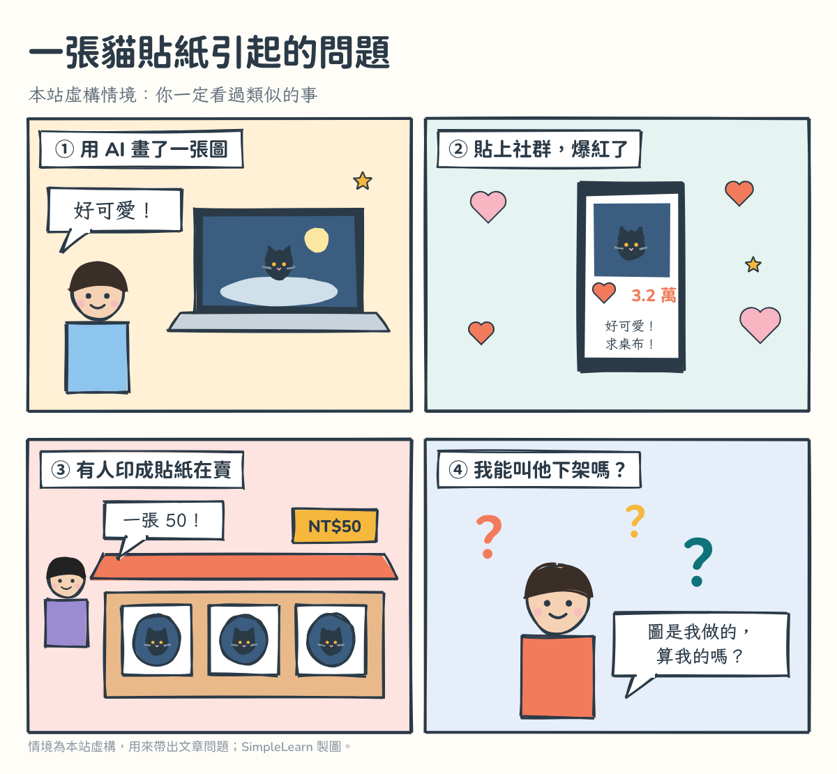 四格漫畫「一張貓貼紙引起的問題」：①學生用 AI 畫了一張月球上的貓，說「好可愛！」；②貼上社群爆紅，按讚 3.2 萬；③有人把圖印成貼紙在攤位賣，一張 50 元；④學生頭上冒出問號：「圖是我做的，算我的嗎？」