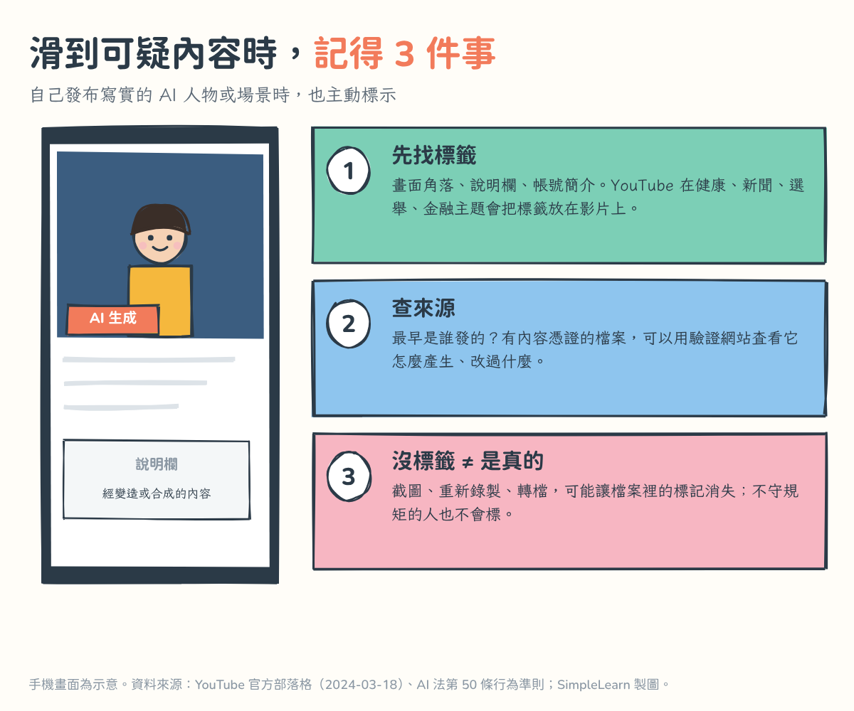 左邊是一支手機,正在播放貼著「AI 生成」標籤的人物影片,下方說明欄寫著「經變造或合成的內容」。右邊三張卡片:1 先找標籤,看畫面角落、說明欄、帳號簡介,YouTube 在健康、新聞、選舉、金融主題會把標籤放在影片上;2 查來源,最早是誰發的,有內容憑證的檔案可以用驗證網站查看;3 沒標籤不等於是真的,截圖、重新錄製、轉檔可能讓標記消失,不守規矩的人也不會標。