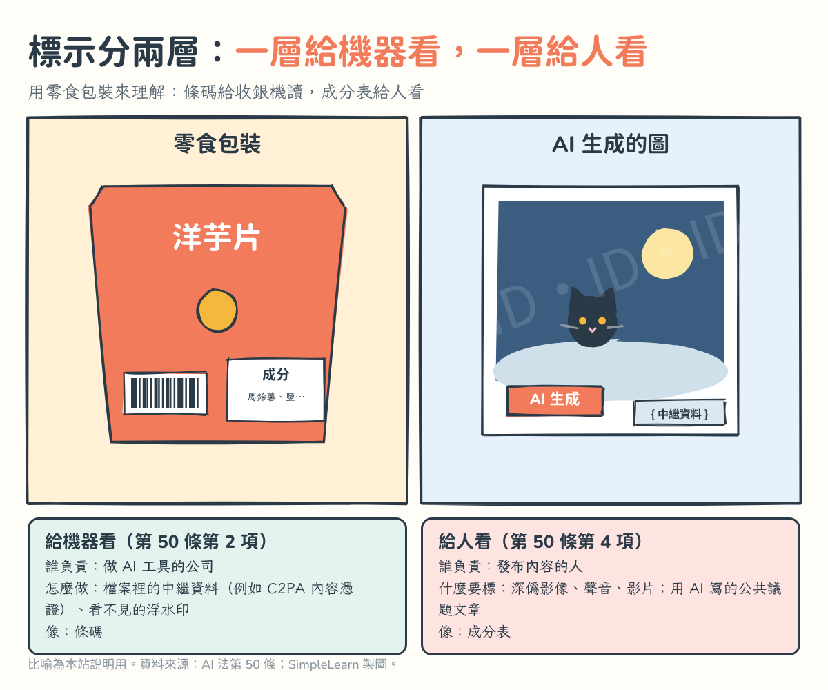 比喻圖:左邊是一包洋芋片,包裝上有條碼和成分表;右邊是一張 AI 生成的月球貓圖,角落有「AI 生成」標籤,圖上有淡淡的隱形浮水印,下方有「中繼資料」小框。下方兩欄說明:給機器看(第 50 條第 2 項),由做 AI 工具的公司負責,用中繼資料或看不見的浮水印,像條碼;給人看(第 50 條第 4 項),由發布內容的人負責,深偽影像聲音影片、用 AI 寫的公共議題文章要標示,像成分表。